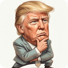 Custom CM KR GER caricature of Donald Trump with a thoughtful expression and hand on chin. cm kr ger caricature einstein