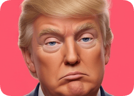 Custom 3D caricature portrait of Donald Trump with a serious expression against a pink background. cm 3d caricature portrait