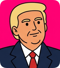 Custom CM doodle vector portrait of Donald Trump in a suit against a bright pink background.