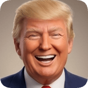 Pixar style ai avatar generator creates a smiling Donald Trump character with blonde hair and a blue suit.