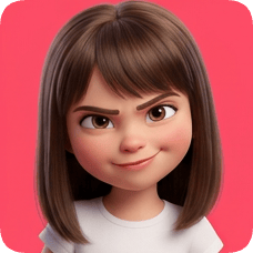 Custom CM Pixar style 3D avatar grid features a mischievous young girl with brown hair and a playful smirk.