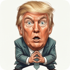 Custom CM KR GER caricature of Donald Trump in a suit with a surprised expression and hands clasped. cm kr ger caricature einstein