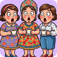 Custom CM Engelbreit folk cartoon of three surprised women in colorful outfits holding coffee cups.