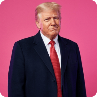 Custom CM artist Spotify portrait of Donald Trump in a suit against a bright pink background.
