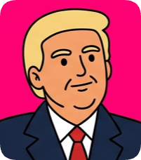 Custom CM doodle vector portrait of Donald Trump in a suit and red tie against a bright pink background.
