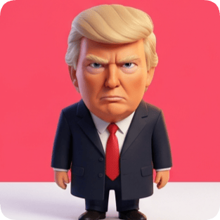 Custom CM Pixar avatar of Donald Trump with a stern expression, wearing a suit and tie against a pink background.