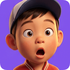 Pixar 3D cartoon boy, an American all-star boy, looks surprised with his mouth open and wearing a baseball cap. american all star boy