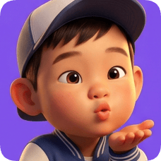 Pixar 3D cartoon boy, an American all-star boy, blows a kiss with a blue baseball cap and jacket. american all star boy