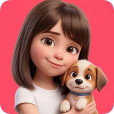 Custom CM Pixar style 3D avatar grid featuring a smiling girl holding a cute puppy against a pink background.
