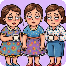Custom CM Engelbreit folk cartoon depicts three tired women holding coffee cups with droopy eyes and sad expressions.
