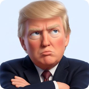 Sticker pack generator pixar expression single of Donald Trump with arms crossed and a skeptical look.