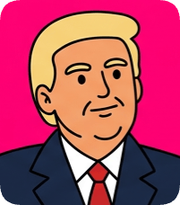 Custom CM doodle vector portrait of Donald Trump in a suit against a vibrant pink background.