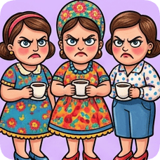 Custom CM Engelbreit folk cartoon of three women with angry expressions holding cups of coffee.