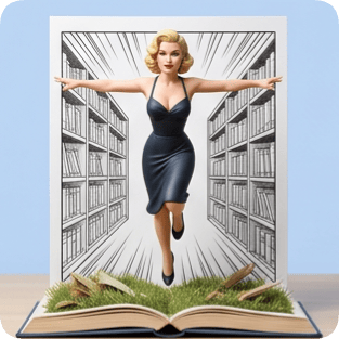 Custom CM Naruto pop up book featuring a stylized blonde woman leaping from an open book surrounded by bookshelves.