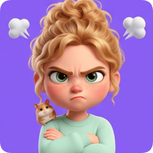 Custom CM Pixar girl sticker sheet featuring an angry blonde girl with a hamster on her shoulder against a purple background.