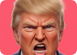 Custom 3D caricature portrait of Donald Trump with an angry expression and open mouth against a pink background. cm 3d caricature portrait