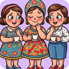 Custom CM Engelbreit folk cartoon illustration of three smiling women holding coffee cups and wearing colorful dresses.
