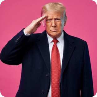 Custom CM artist Spotify portrait of Donald Trump in a suit saluting against a vibrant pink background.