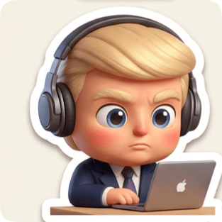 Chibi sticker pack generator featuring a cartoon man in a suit and headphones working on a laptop with a stern expression.