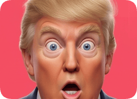 Custom 3D caricature portrait of Donald Trump with a surprised expression against a pink background. cm 3d caricature portrait