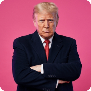 Custom CM artist Spotify portrait of Donald Trump with arms crossed against a vibrant pink background.