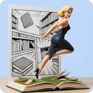 Custom CM Naruto pop up book features a woman leaping from an open book with a comic book background.