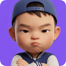 Pixar 3D cartoon boy, an American all-star boy, shows a grumpy expression with arms crossed against a purple background. american all star boy