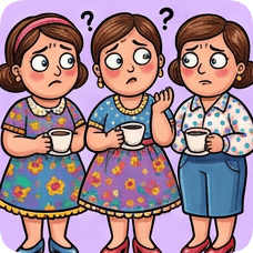 Custom CM Engelbreit folk cartoon depicts three confused women holding coffee cups with question marks above their heads.