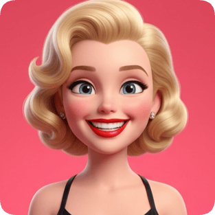 Custom CM Pixar style emotional grid portrait of a smiling blonde woman with blue eyes and red lipstick.