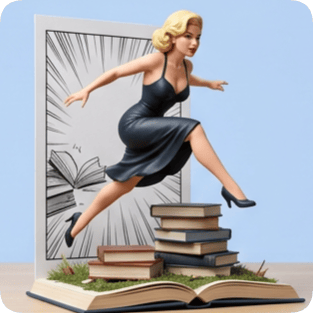 Custom CM Naruto pop-up book featuring a blonde woman in a black dress leaping over stacked books. cm naruto pop up book
