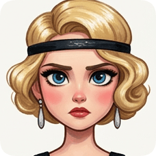 Custom CM Engelbreit deco flapper caricature portrait of a blonde woman with blue eyes and a black headband.
