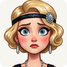 Custom CM Engelbreit deco flapper caricature portrait of a blonde woman with wide blue eyes and a distressed expression.