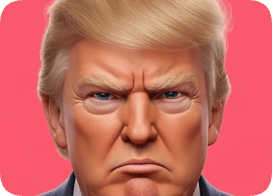 Custom 3D caricature portrait of Donald Trump with a stern expression against a pink background. cm 3d caricature portrait
