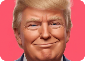 Custom 3D caricature portrait of Donald Trump with a playful expression against a vibrant pink background. cm 3d caricature portrait