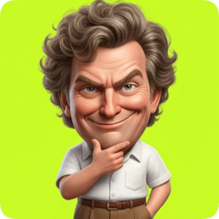 Custom 3D caricature transformation of a man with curly hair and a mischievous grin, thinking with his chin on his hand. cm 3d caricature transformation