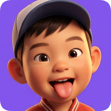 Pixar 3d cartoon boy, an American all-star boy with a baseball cap, sticks his tongue out playfully against a purple background. american all star boy
