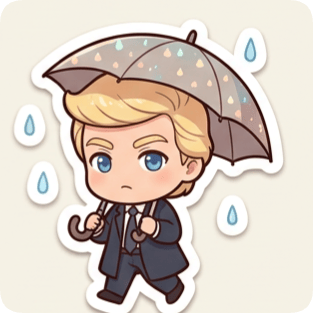 Kawaii chibi single sticker of a man in a suit holding a transparent umbrella in the rain, perfect for a sticker pack generator.
