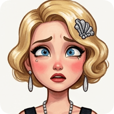 Custom CM Engelbreit deco flapper caricature of a blonde woman with blue eyes crying, wearing pearls and a seashell hair clip.