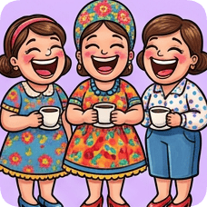 Custom CM Engelbreit folk cartoon style illustration of three laughing women holding coffee cups.