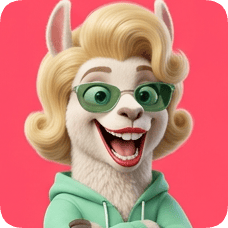 Custom cm llama character with blonde hair, sunglasses, and a green hoodie smiling broadly against a pink background.
