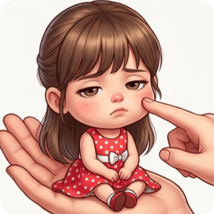Custom cm chibi character on hand, a sad girl in a red polka dot dress, with a finger gently poking her cheek.