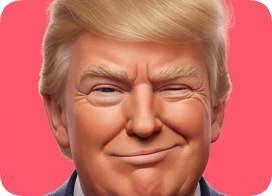 Custom 3D caricature portrait of Donald Trump winking with a playful expression against a vibrant pink background. cm 3d caricature portrait