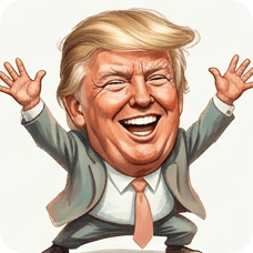 Custom CM KR GER caricature of a laughing Donald Trump with arms raised in a celebratory pose. cm kr ger caricature einstein