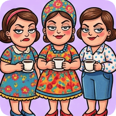 Custom CM Engelbreit folk cartoon style illustration of three women in colorful dresses holding coffee cups.