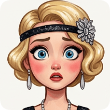 Custom CM Engelbreit deco flapper caricature of a surprised blonde woman with blue eyes and a jeweled headband.