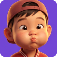 Pixar 3d cartoon boy, an American all-star boy with puffed cheeks and a baseball cap, poses playfully against a purple background. american all star boy