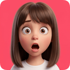 Custom CM Pixar style 3D avatar grid features a surprised young girl with wide eyes and an open mouth against a pink background.