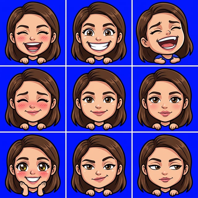 Custom cm bold chibi caricature of a woman displaying various happy and playful expressions against a blue background.