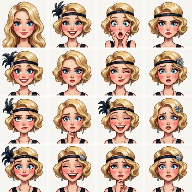 Custom cm engelbreit deco flapper caricature portraits of a blonde woman displaying various expressive emotions and hairstyles.