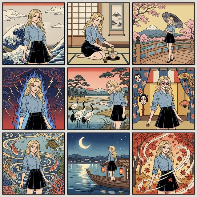 Ukiyo e woodblock style landscape scenes featuring a woman in various iconic Japanese settings and elements. landscape scene stylizer